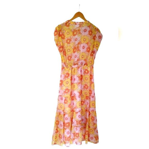Steve Madden Pink and Yellow Flutter Sleeve Sundress Leigh Midi Chiffon Floral M - Picture 8 of 14